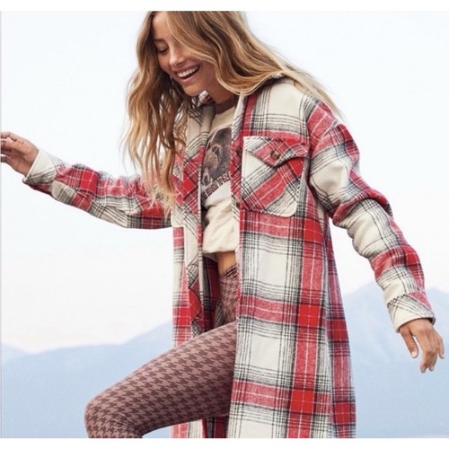 Aerie Oversized Plaid Cotton Flannel Shacket Sz M Long Jacket Chilly Red Cream