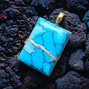 Authentic Japanese Art Kintsugi Turquoise Necklace: 22k Gold-Plated Handmade Jewelry