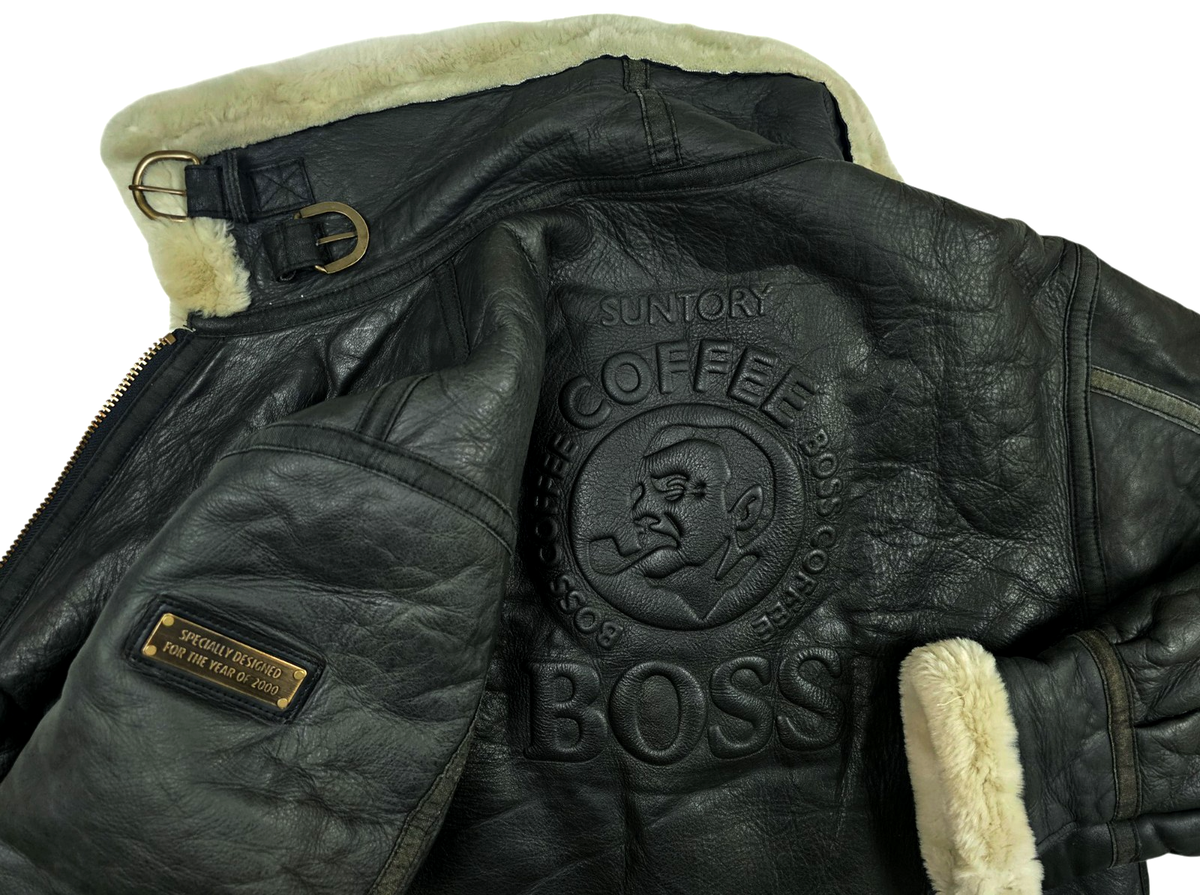 HOT Men SUNTORY BOSS COFFEE B-3 BOMBER FUR LINED BLACK LEATHER