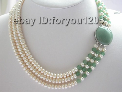 3rows genuine Natural White Baroque Pearl green jade Necklace #c67!