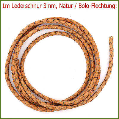 1m Lederschnur Lederband 3mm: HELLBRAUN - NATUR / Bolo-Flechtung!
