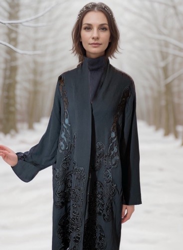 Johnny Was M Black Wool Blend Dressy Coat Silk Lining Jacket Satin Accents NWT