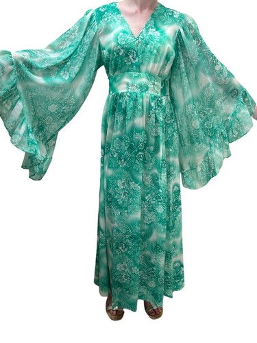 Sz S~M~L Vtg 70s Maxi Dress Angel Sleeves Green Floral Festival Hippie Boho - Picture 13 of 18