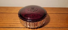ANCHOR HOCKING POWDER JAR. CLEAR RIBBED WITH ROSE EMBOSSED RED LID