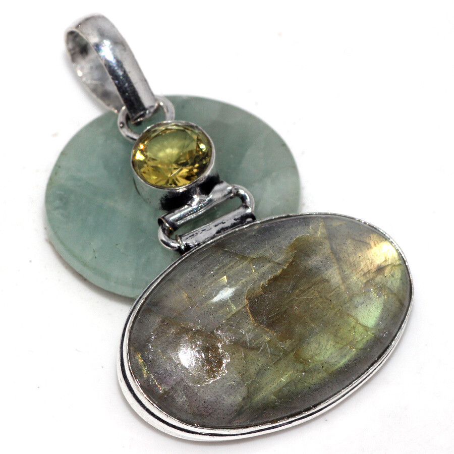 Fiery Labradorite Citrine 925 Silver Plated Long Gemstone Pendant 2