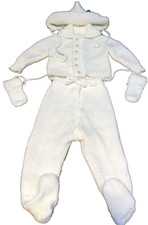 Vtg 4 Piece Infant White Knit Layette Outfit Set W/ Sweater Leggings Mitts  Hat