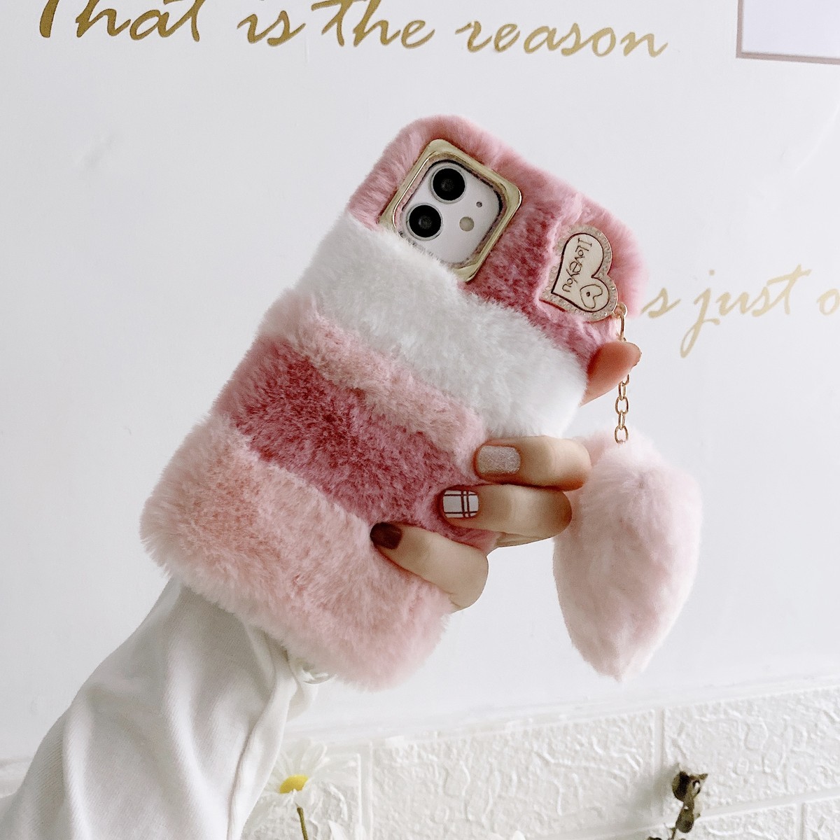 Girly Faux Fur Case W/ Cute Love heart Pendant Soft Fluffy Furry Nap Phone  Cover