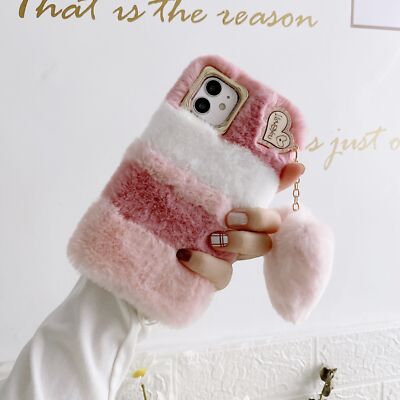 Girly Faux Fur Case W/ Cute Love heart Pendant Soft Fluffy Furry Nap Phone  Cover