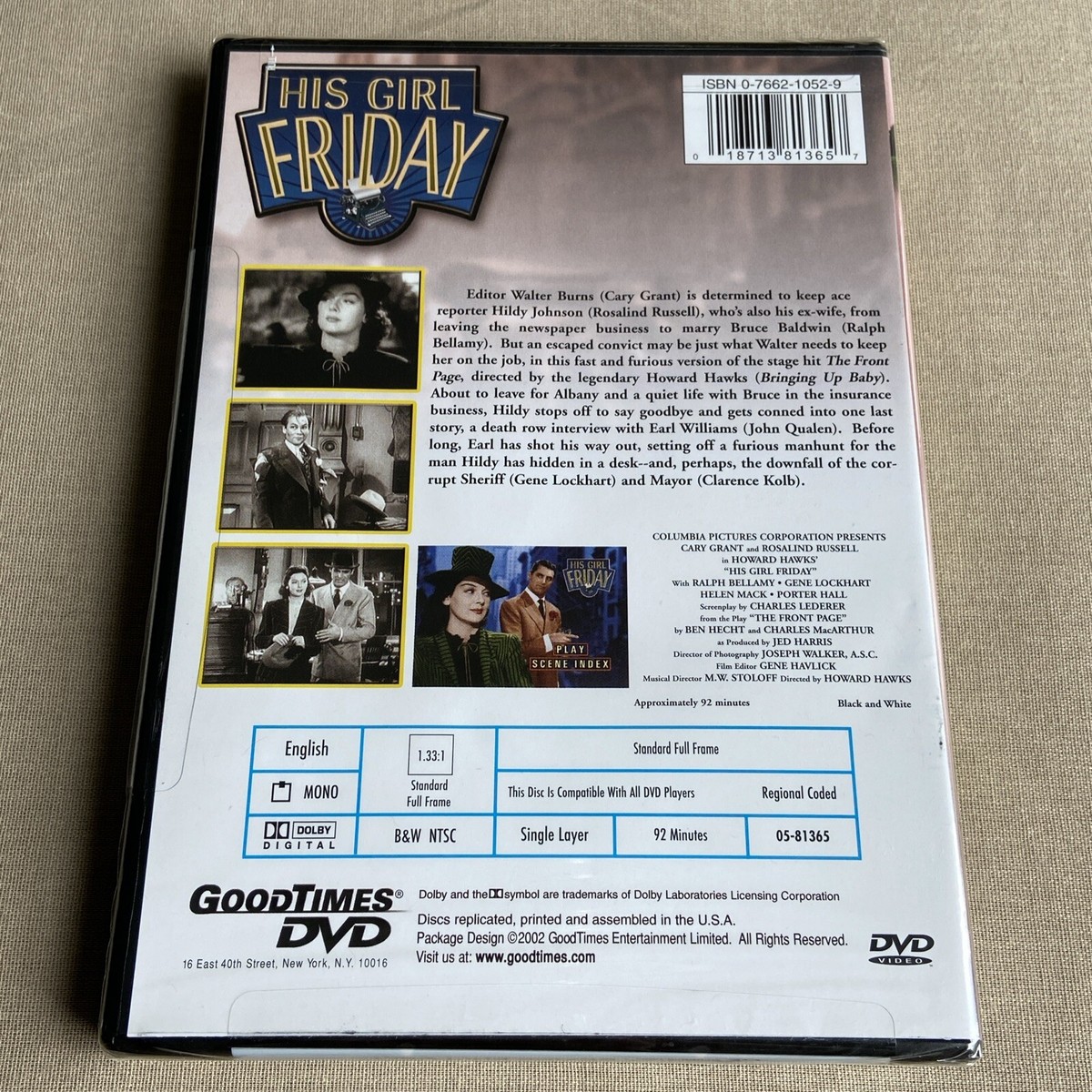 His Girl Friday (DVD 1940 NEW B&W) Rom-Com Cary Grant Rosalind