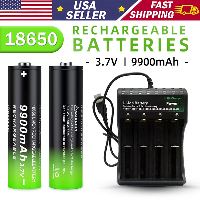 3.7V Rechargeable Button top Li-ion Batteries (9900mAh) &4slot USB Charger lot