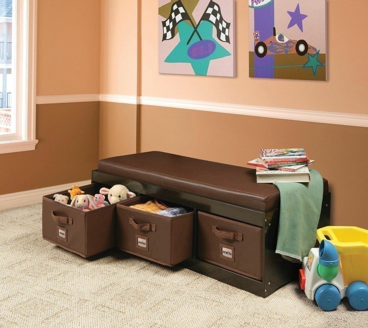 Espresso Brown Wooden Storage Bench Toy Box Home Organizer Bins