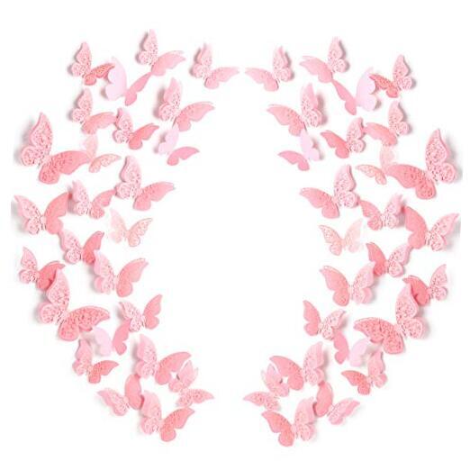 120 Pieces 3D Layered Butterfly Wall Decor Removable Butterfly Stickers Pink