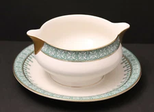 Theodore Haviland Cambridge Green Gravy Boat With Attached Underplate. Gold Trim
