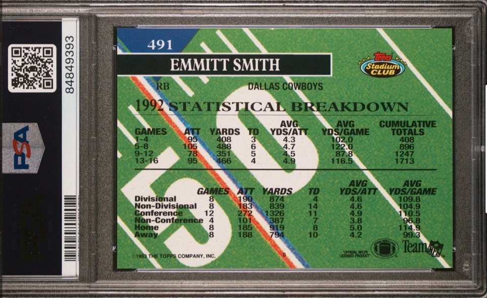 Stadium Club 1993 (solo MBR) — Emmitt Smith — cuarto año — 💎 Como nuevo PSA 10 — pop13 Foto 2 de 3