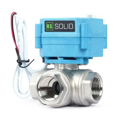 U.S. SOLID U. S. Solid 3 Way T Type Motorized Ball Valve w/ Hand Wheel 3/4in SS 9-24V