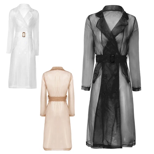 Womens Coat See Through Trench Notch Lapel Jackets Ladies Outerwear Cropped- - Picture 6 of 60