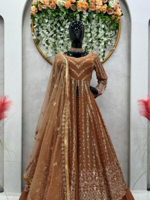 New Thread Sequence Work Faux Georgette Brown Top Lehenga With Dupatta