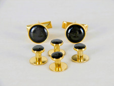 Vintage Gold Tone Faux Black Onyx Tuxedo Stud Cufflink Set