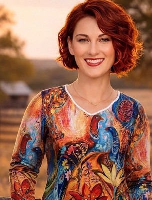 Vibrant MISS LOOK Top  Sz M Art to Wear Knit LS   Scalloped  Neckline Peacocks