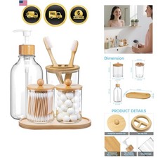 Bamboo Bathroom Accessories Set 5 Pack Soap Dispenser Toothbrush Holder Qtip Jar