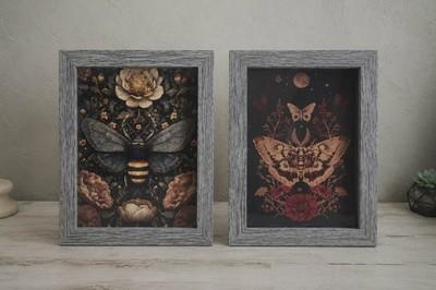 2 bee framed picture queen honey butterfly moth flower floral gift garden boho