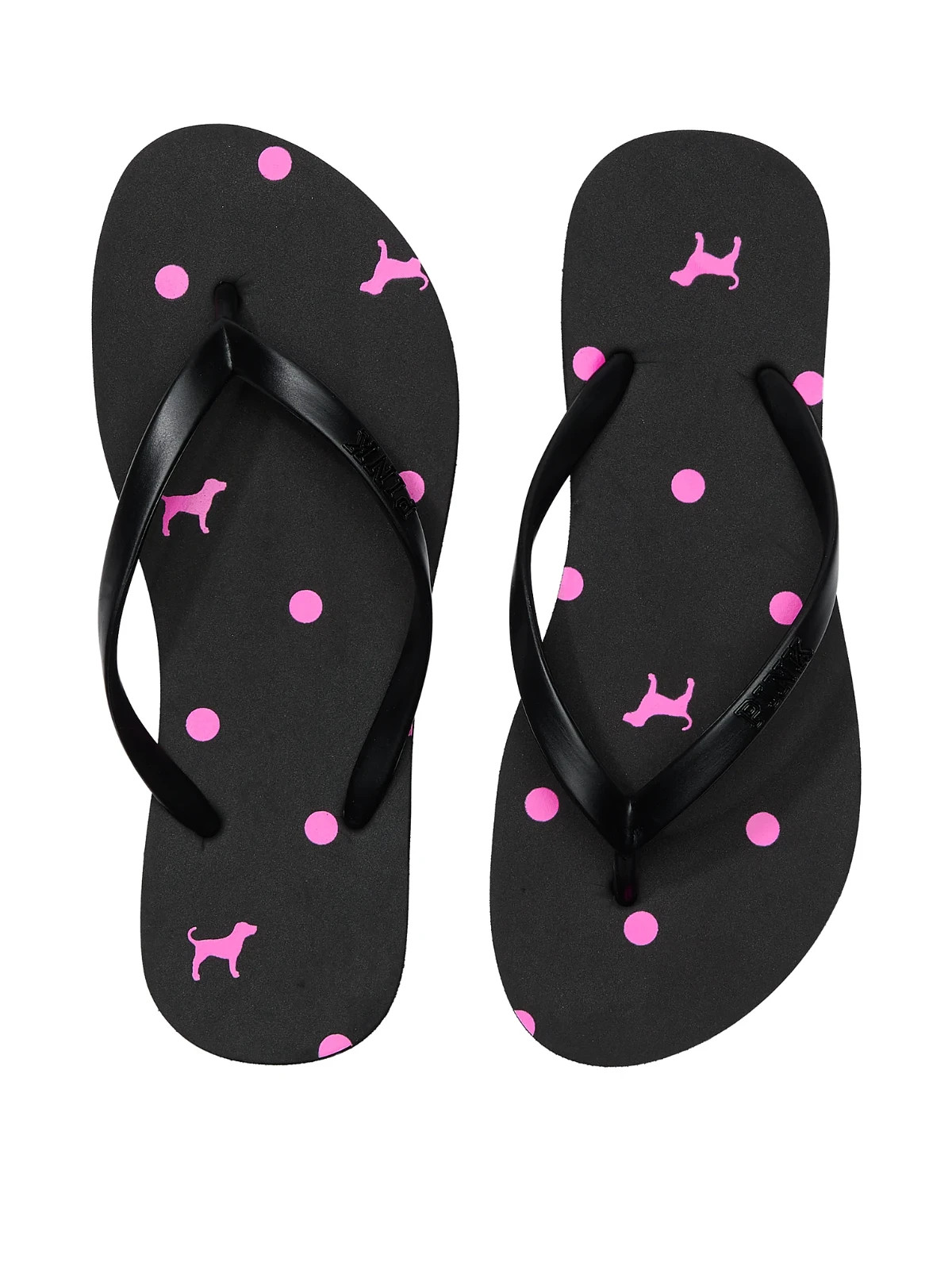 Victoria's Secret Pink Flip Flops SIZE 7 Black Dot Dog Print