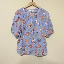 LOFT Womens L Blue Floral Short Sleeve Peasant Top