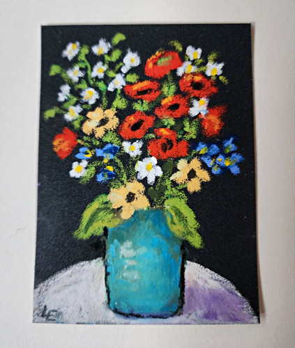 ACEO 'Floral Riot' by Lynne Ellis  Original Oil Pastel Signed in Clear Bag