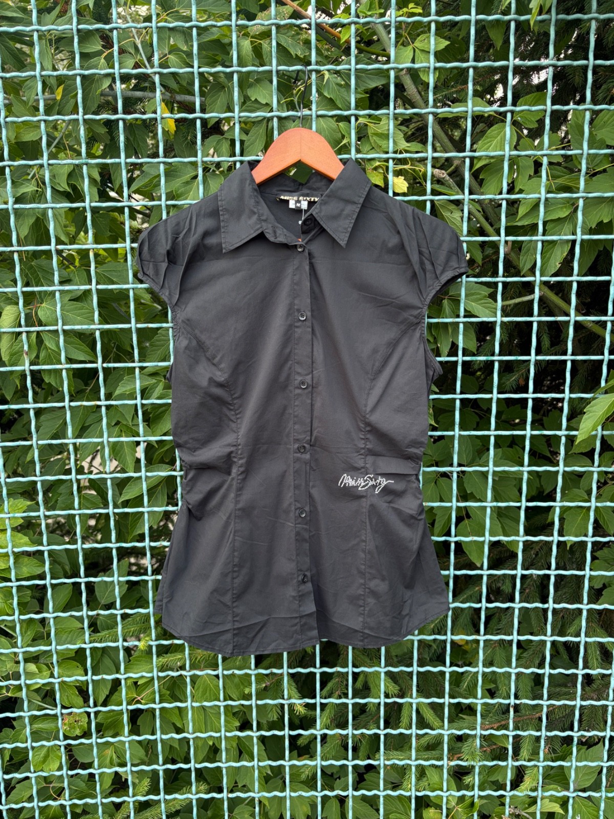 Miss Sixty Women's Black Short Sleeve Button-Up Shirt Top Size M Y2K Fitted
