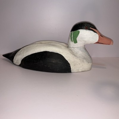 The carving and paintin Common Eider Decoy Duck Large 17  Long