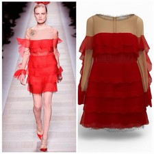 VALENTINO Red Silk Ruffle Mini Dress Illusion  Runway Vintage Archival IT42 US 6
