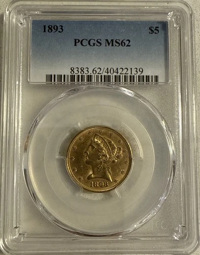 1893 $5 Gold Liberty Head Half Eagle Graded by PCGS as MS-62 Nice US Gold Coin