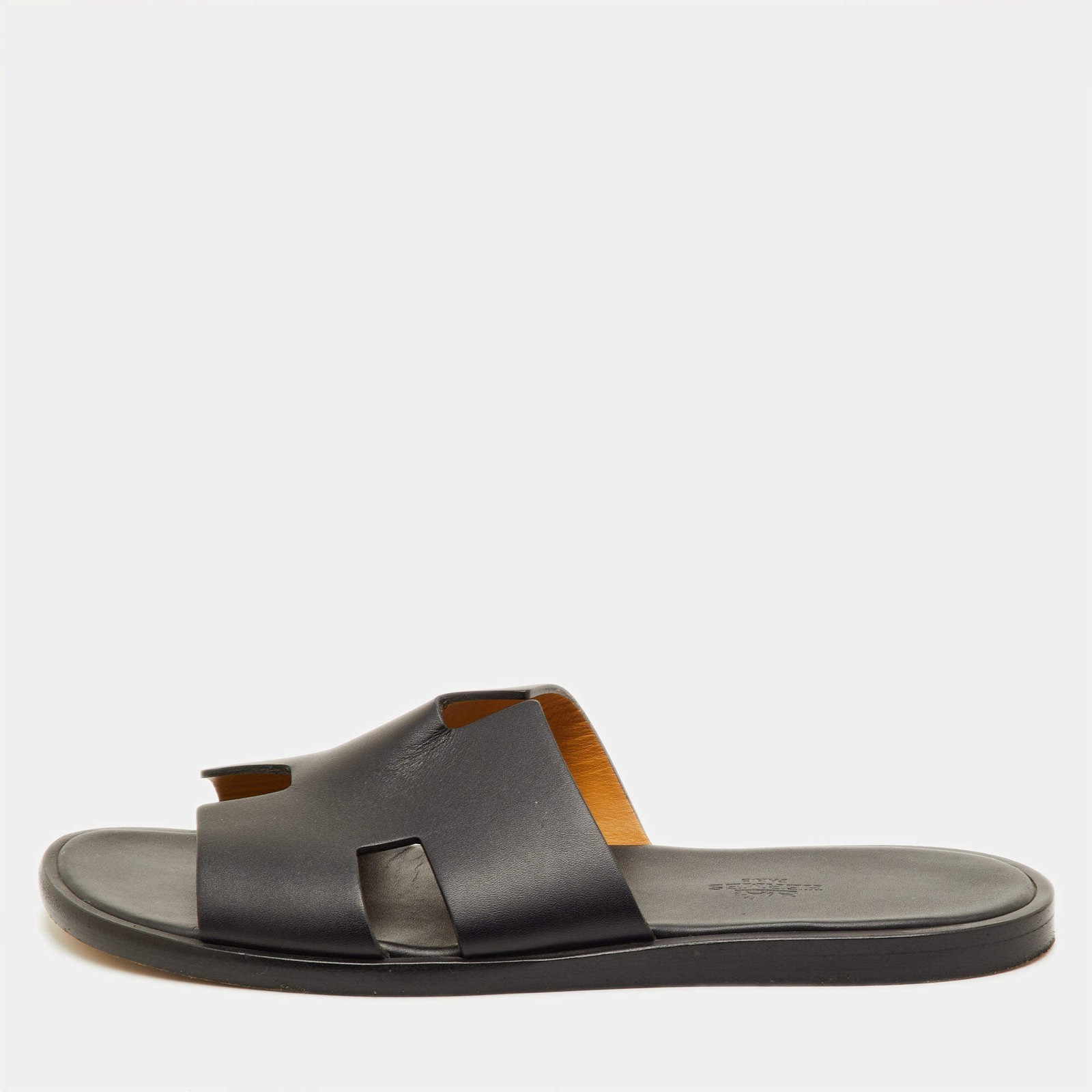 Hermes Izmir Size 40 Black Leather Flat Slide Sandals
