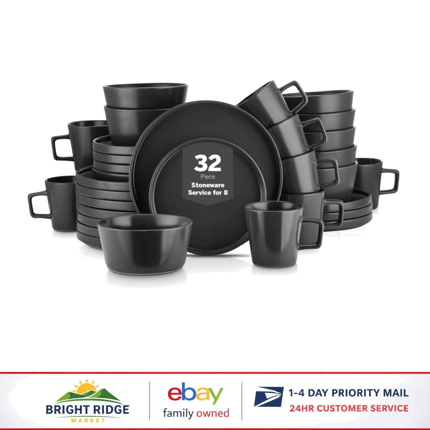 For 8, 32 Pieces, Hand Painted Matte Black Stoneware
