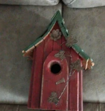 Red Wooden Birdhouse With Metal Vine And Leaves