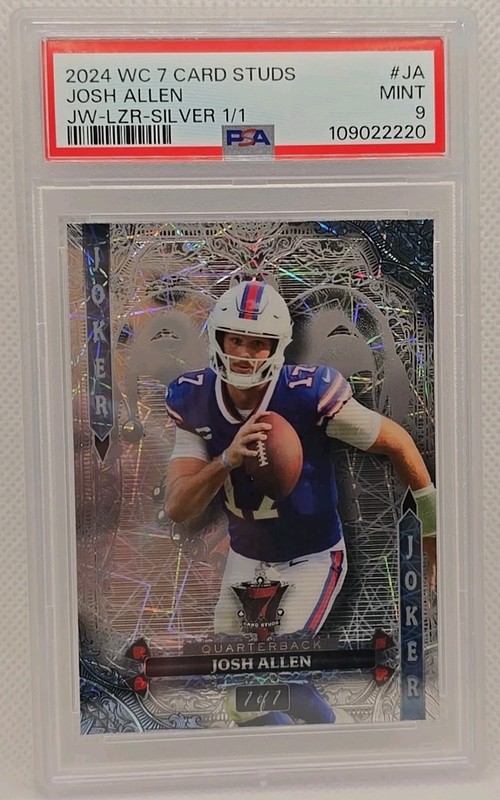 JOSH ALLEN *1/1* PSA 9 2024 WILD CARD 7 CARD STUDS JOKERS WILD Lazer SILVER #JA 