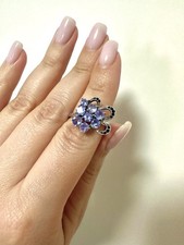 Round Blue Tanzanite 4 mm Black Spinel Unheated 925 Sterling Silver Ring Size 7