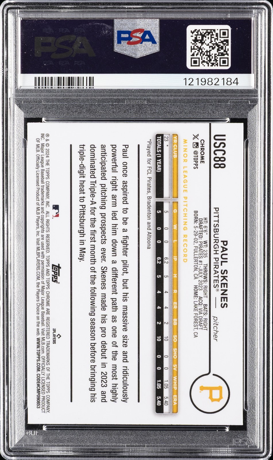 2024 TOPPS CHROME UPDATE SP #USC88 PAUL SKENES ROOKIE RC PSA 10 view 2
