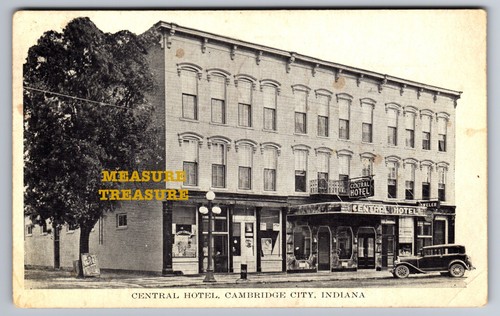 C.1937 CAMBRIDGE CITY, IN INDIANA CENTRAL HOTEL FRONT SHOPS CAR Postcard Q17