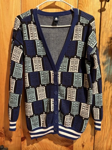 DR WHO Sweater Size M Hot Topic BBC Cardigan Blue Tardis Phone Booth