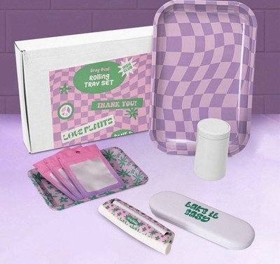 Pink Rolling Tray Set, Bundle by Gray Oval Pink CHECKERED OPEN BOX