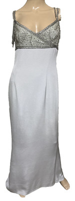 ESCADA Couture Crystal Fringe Embroidered Gray Silk Long Gown Dress US 4 6 DE 36