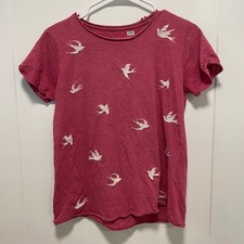 Lucky Brand Womens Pink Slub Knit Embroidered Bird Short Sleeve T-Shirt Small