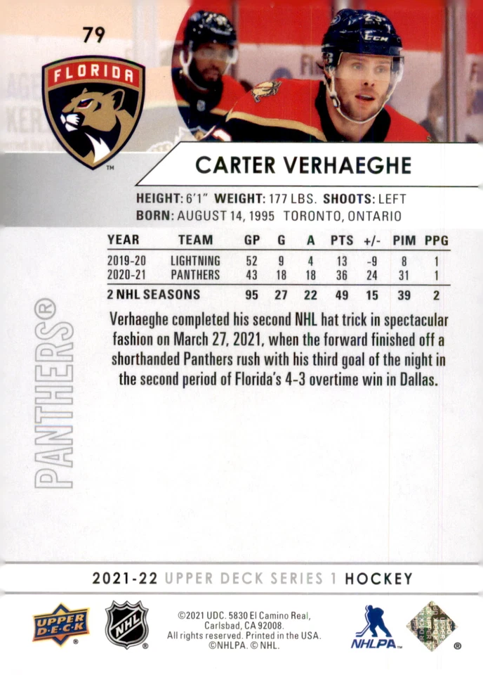 2021-22 Upper Deck #79 Carter Verhaeghe - Image 2 of 2