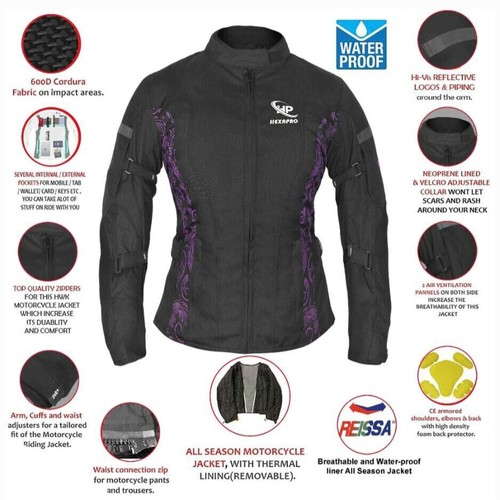FREEDAY Motorjack voor dames, textiel, winter, waterdicht, met CE- protectoren, Zwart, XXL