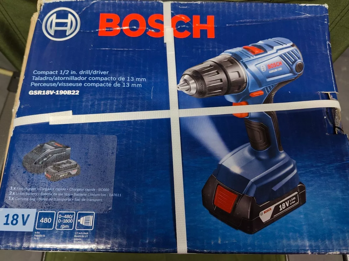 Bosch 18v 1/2 inch drill/driver with 2x battery, charger, and bag  GSR18V-190B22