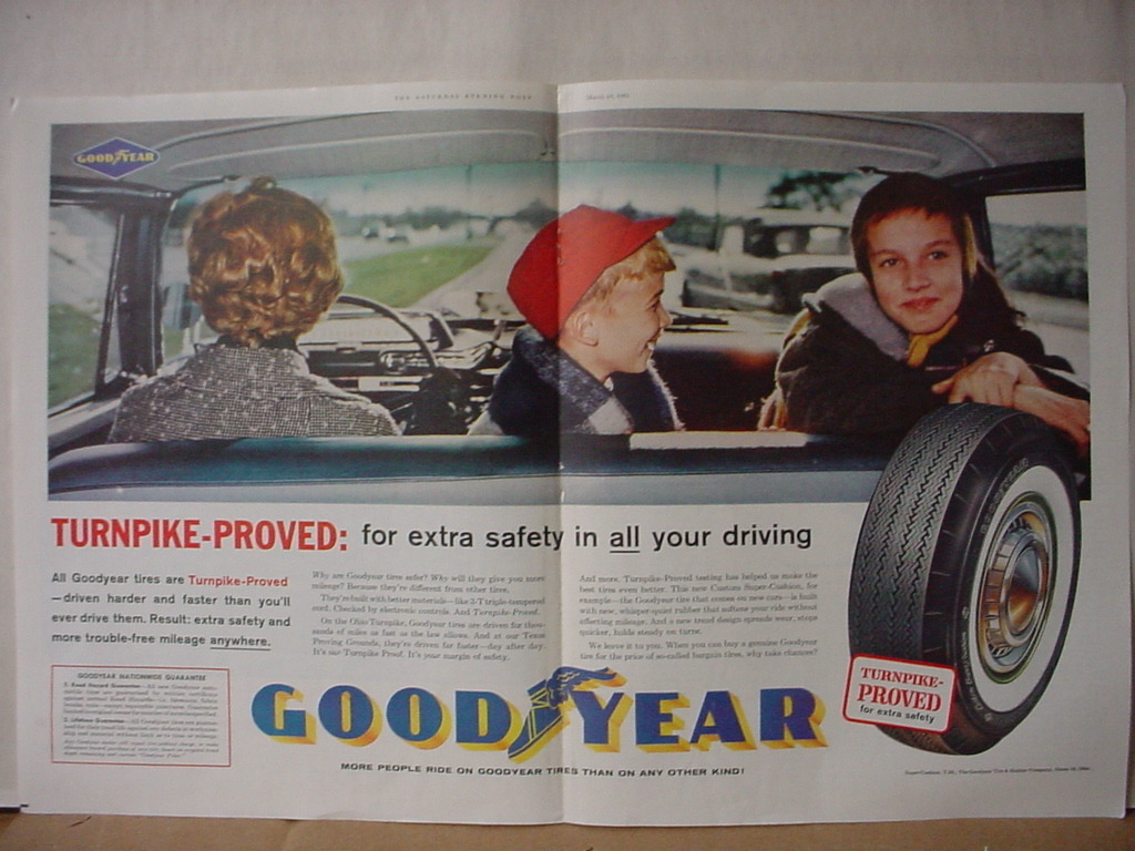 1961 Good-Year Goodyear Tire Family in Car Double Page Vintage