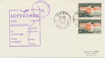 FRANKREICH 1959 Erstflug Dt.Lufthansa Convair CV-440 Flug LH 157 NIZZA-FRANKFURT - Bild 1 von 2