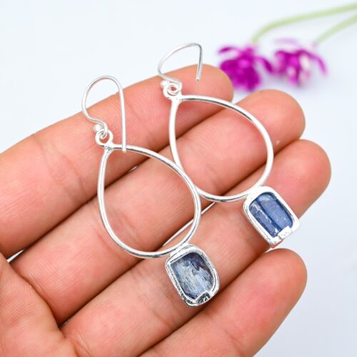 Natural Kyanite Gemstone Earrings 925 Sterling Silver Handmade Jewelry For Gift - Picture 2 of 5