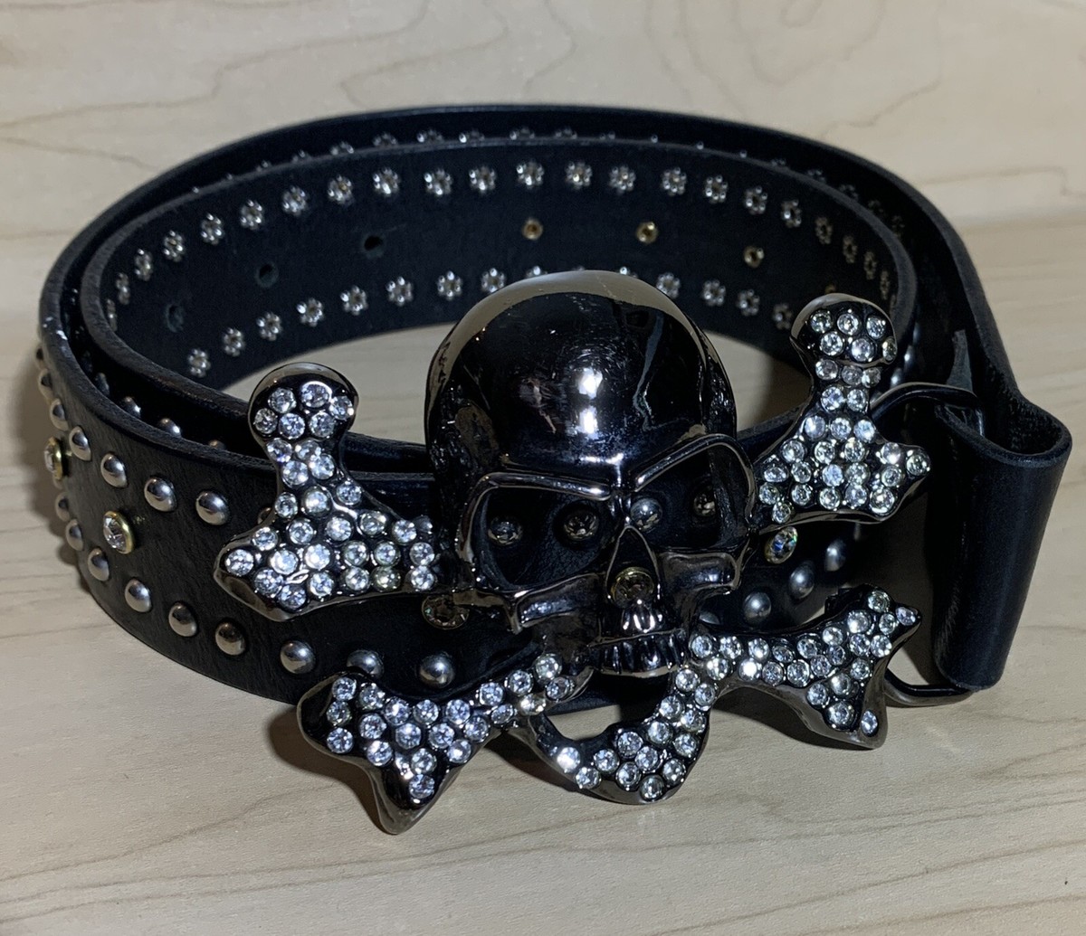 Black & Brown London Leather Crystal Skull Belt Small  display picture 3